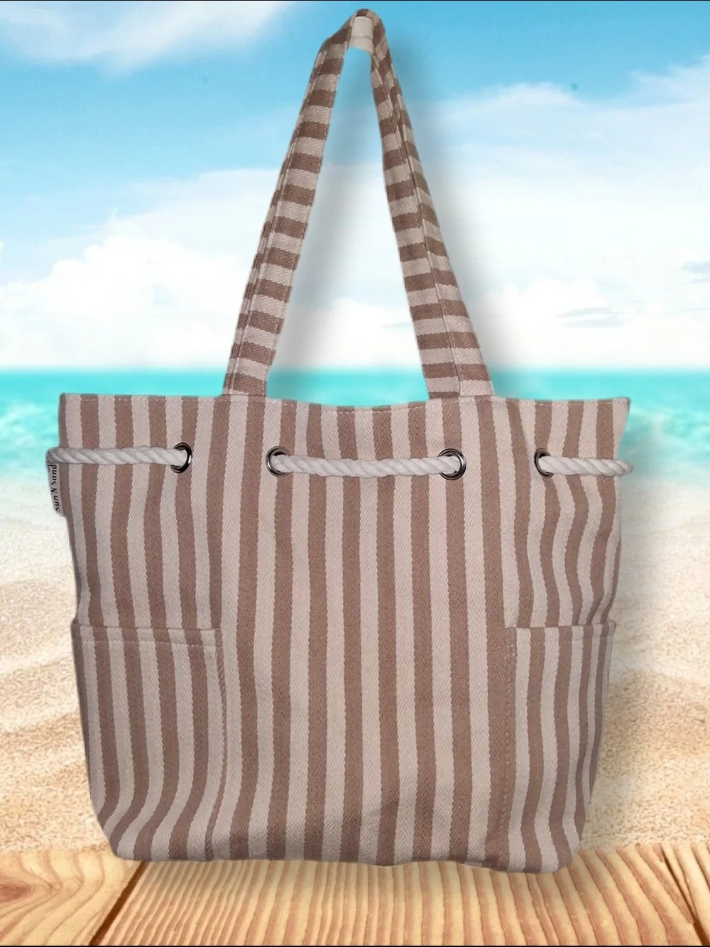 SUN and SAND Cream and Brown Stripe Tote Bag with Rope Closure Detail NWT